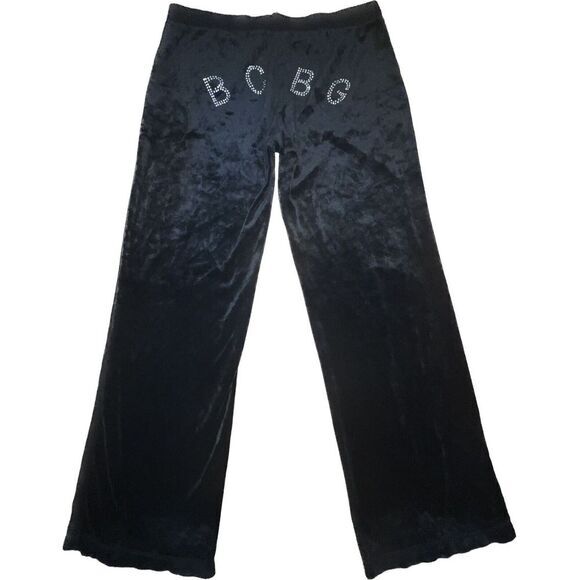 BCBG‎ Womens Rhinestone Velour Black Track Pant Size L Booty Y2K No Drawstring - Picture 1 of 9